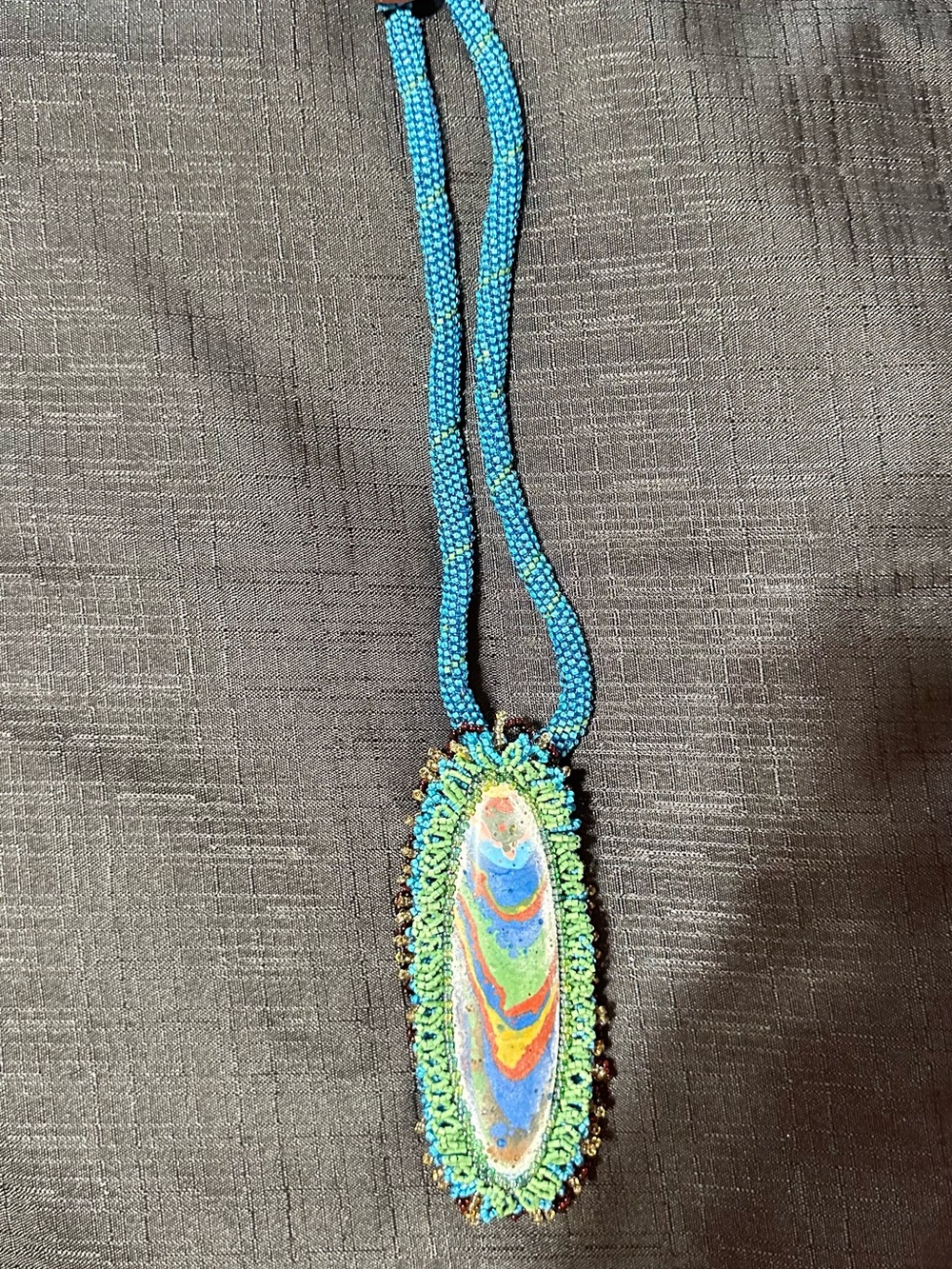 Handcrafted Blue and Green Beaded Pendant Necklace - Multicolor Center